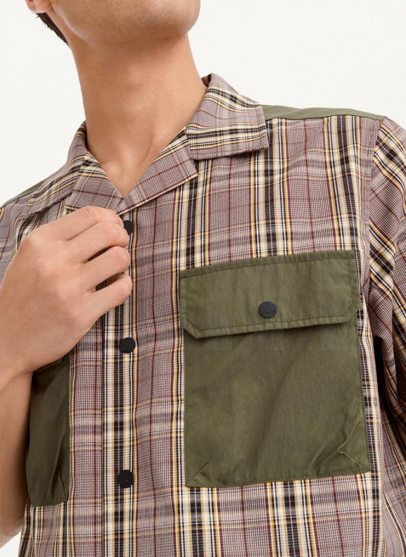 DKNY Plaid/Solid Mixed Short Sleeve Knit Men's Shirts Olive | Ireland_D0582