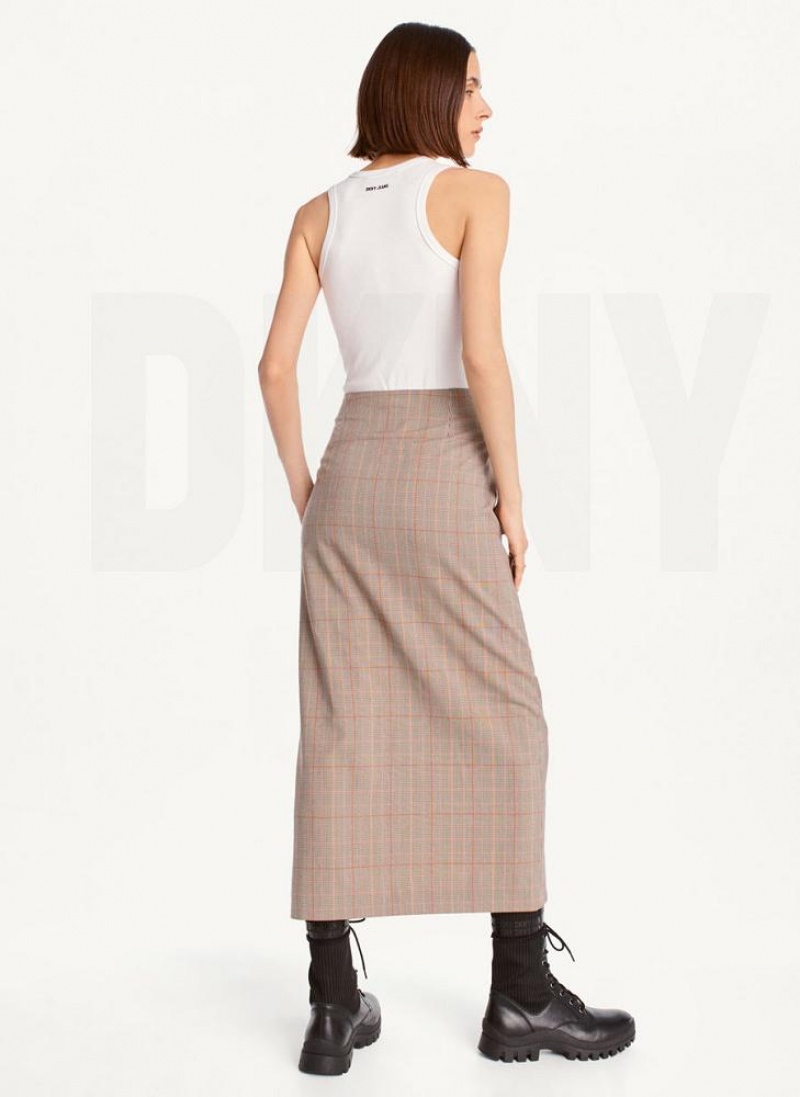 DKNY Plaid Midi Women's Skirts Brown | Ireland_D0535