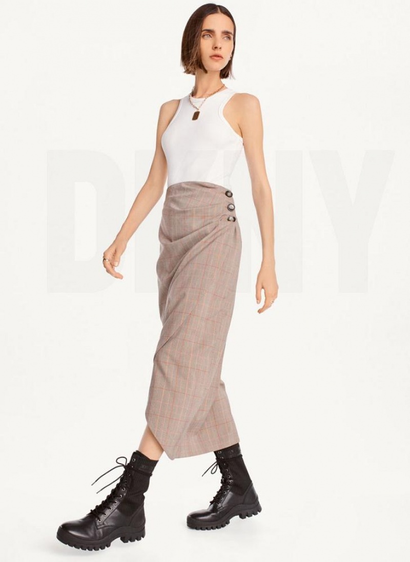 DKNY Plaid Midi Women's Skirts Brown | Ireland_D0535