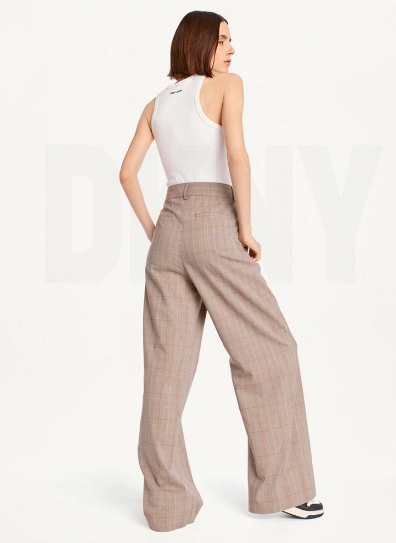 DKNY Plaid Wide Leg Women's Pants Brown | Ireland_D1176