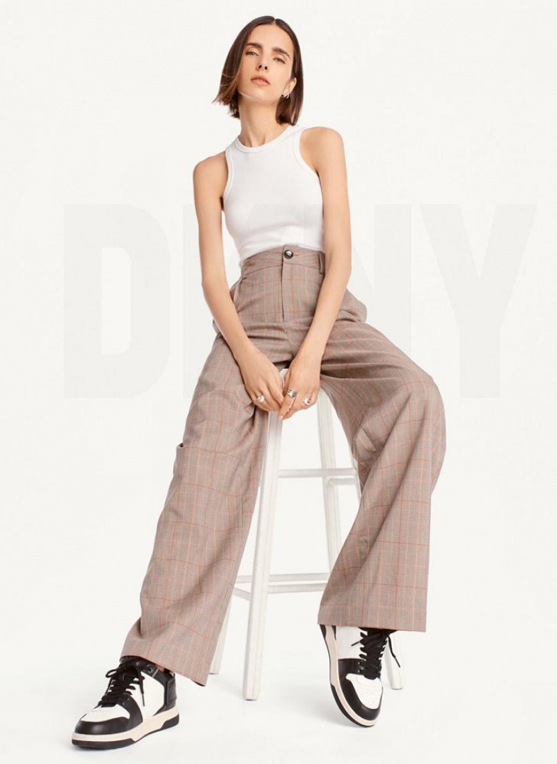 DKNY Plaid Wide Leg Women's Pants Brown | Ireland_D1176