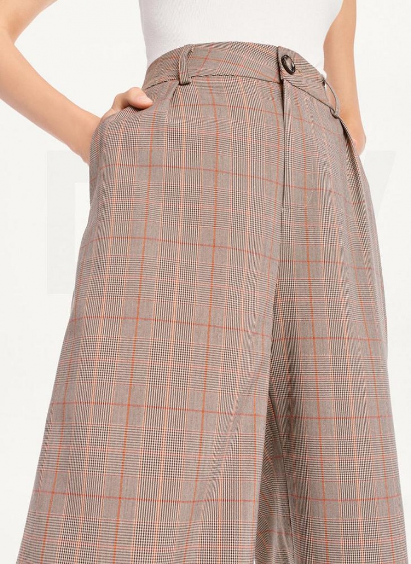 DKNY Plaid Wide Leg Women's Pants Brown | Ireland_D1176