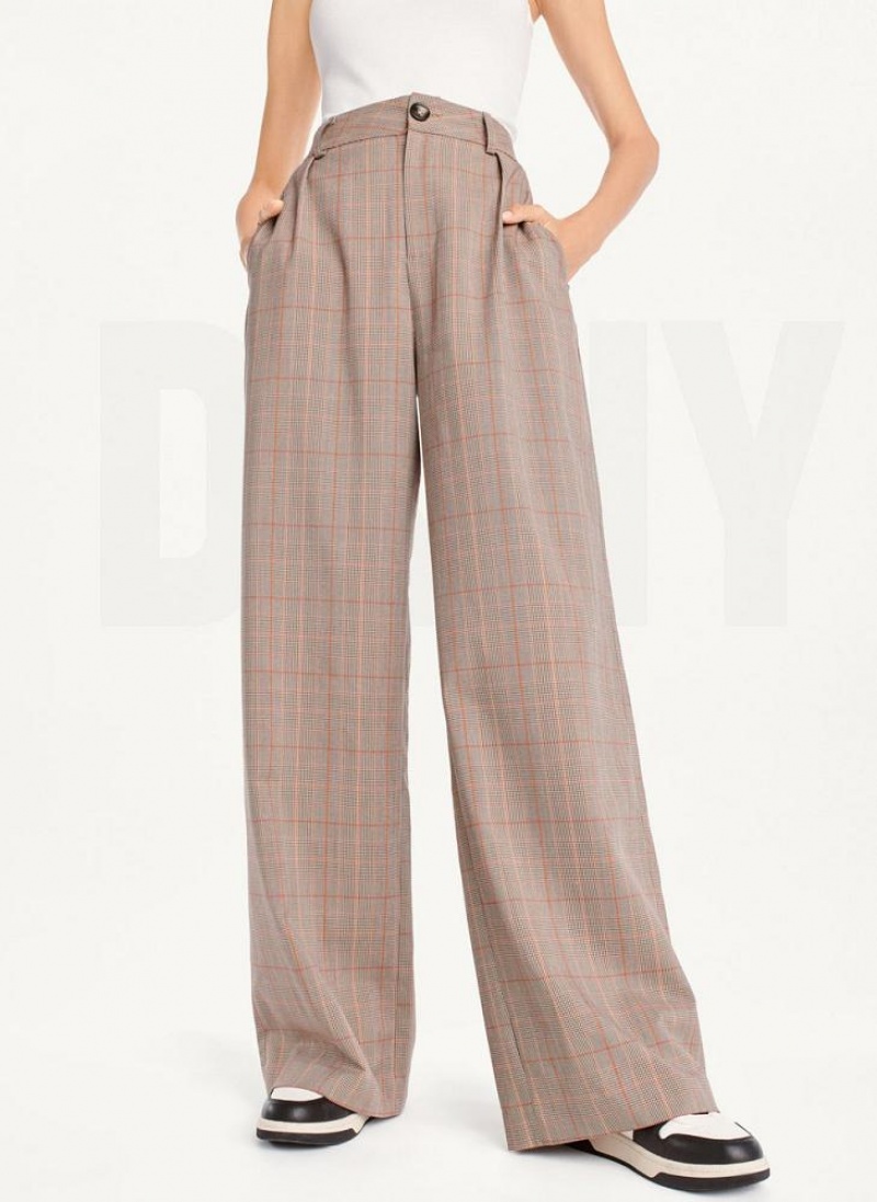 DKNY Plaid Wide Leg Women\'s Pants Brown | Ireland_D1176