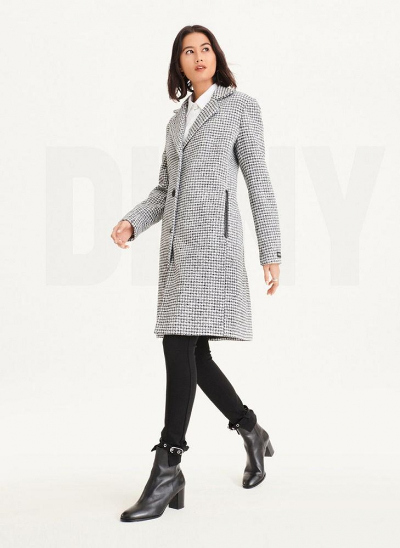 DKNY Plaid Wool Women's Coats Black / White | Ireland_D1710