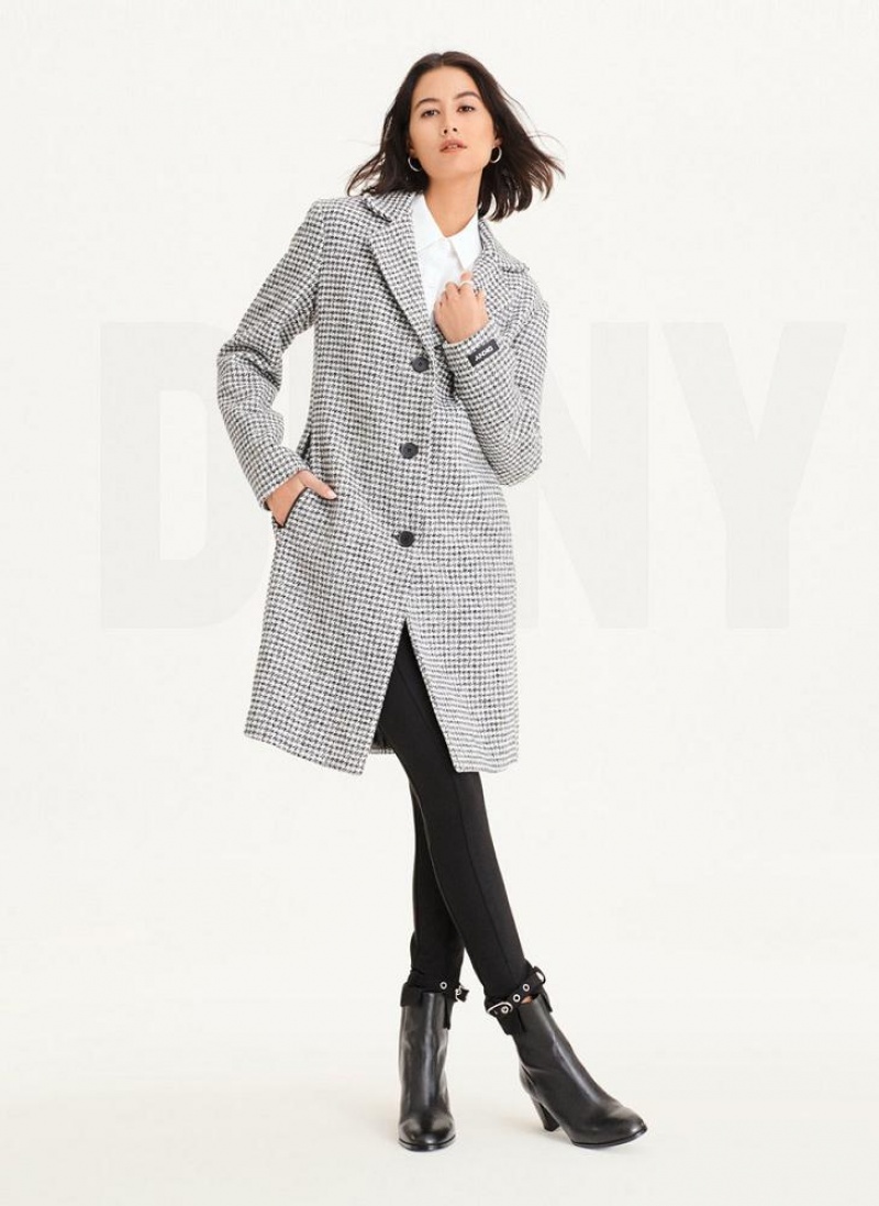 DKNY Plaid Wool Women's Coats Black / White | Ireland_D1710