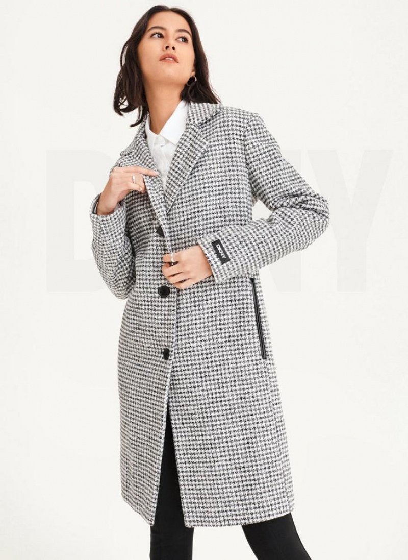 DKNY Plaid Wool Women's Coats Black / White | Ireland_D1710