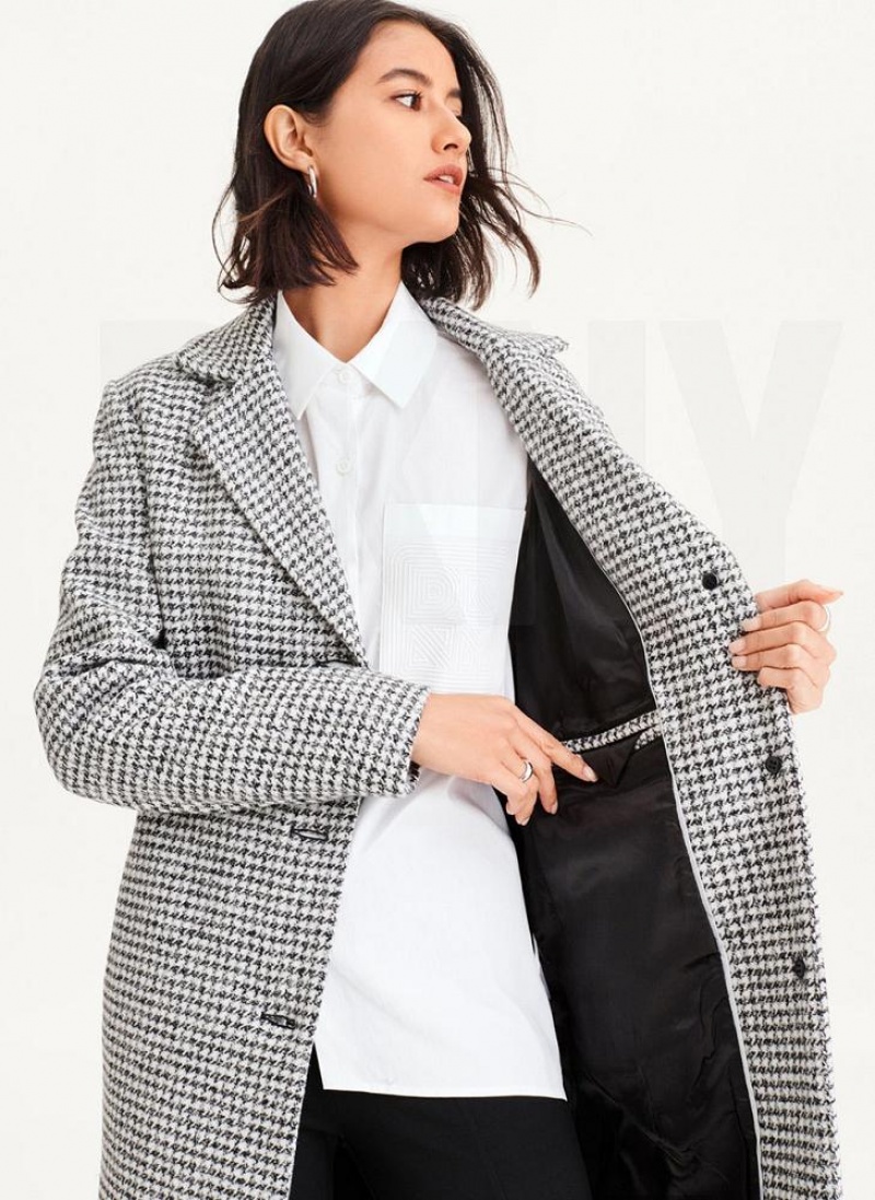 DKNY Plaid Wool Women's Coats Black / White | Ireland_D1710