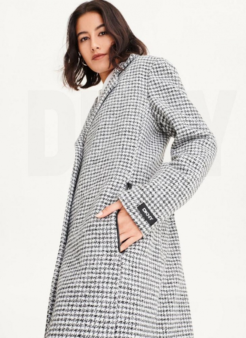 DKNY Plaid Wool Women\'s Coats Black / White | Ireland_D1710