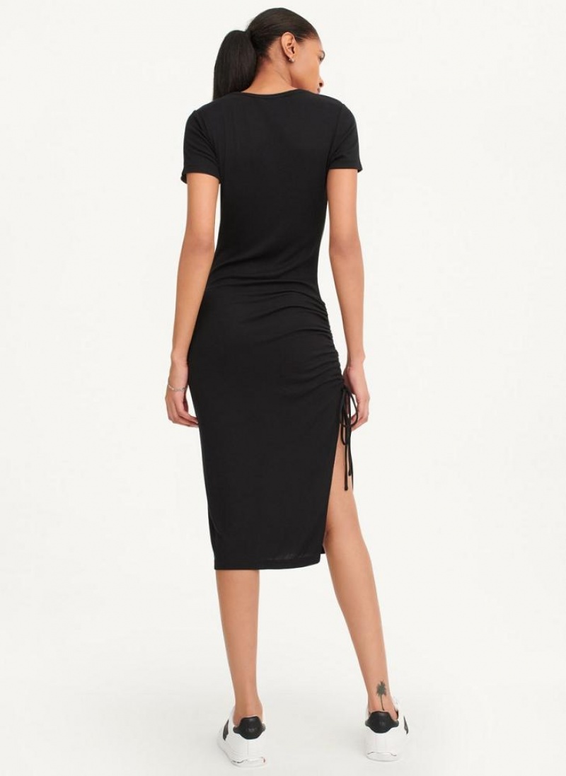 DKNY Platinum Rib Ruched Women's Dress Black | Ireland_D0569