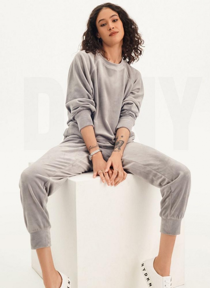 DKNY Platinum Velour Pullover Women's Sweatshirts Grey | Ireland_D1361