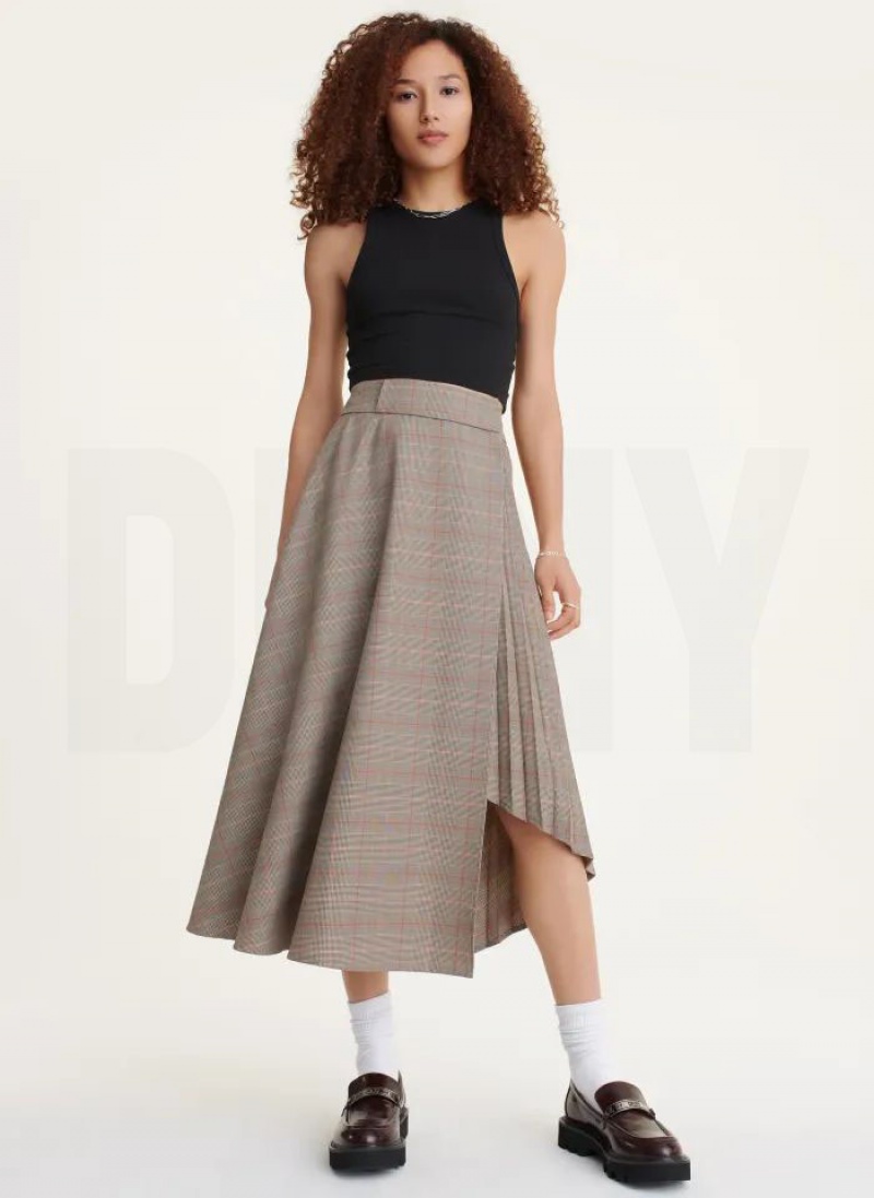 DKNY Pleated Wrap Midi Women's Skirts Brown | Ireland_D0462