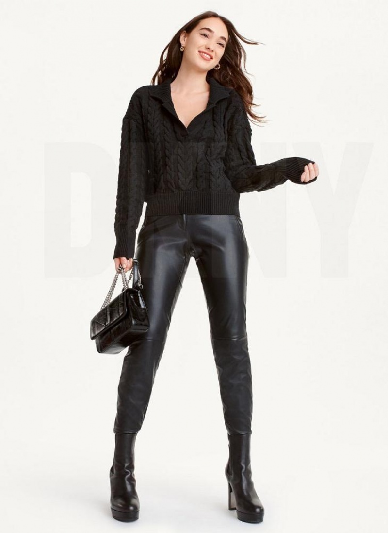 DKNY Polo Cable knit Women's Sweaters Black | Ireland_D1854