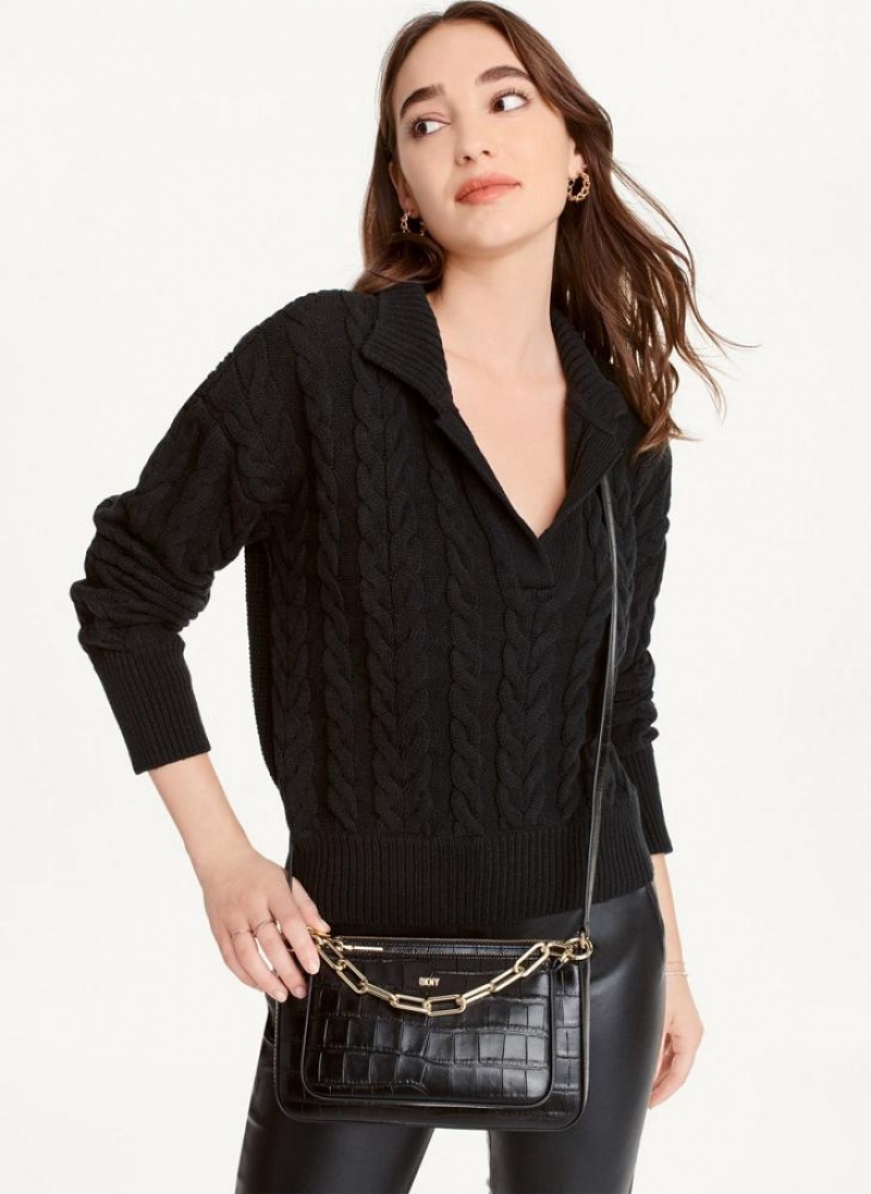 DKNY Polo Cable knit Women\'s Sweaters Black | Ireland_D1854