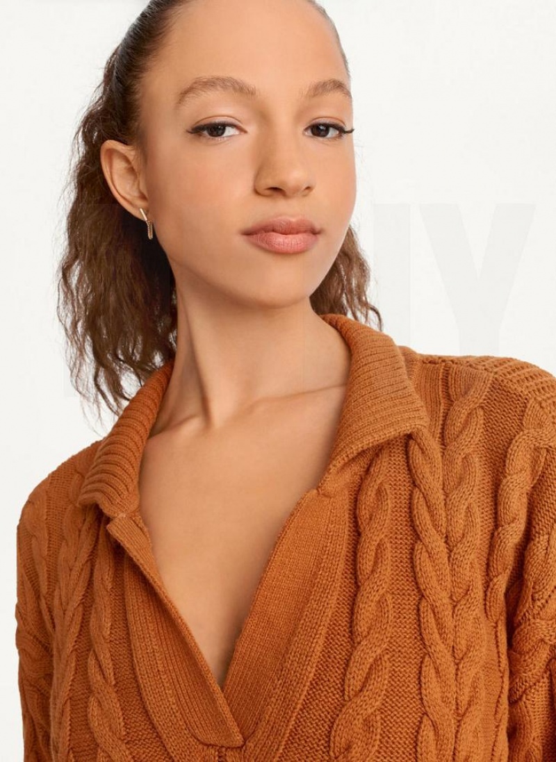 DKNY Polo Cable knit Women's Sweaters Brown | Ireland_D1234