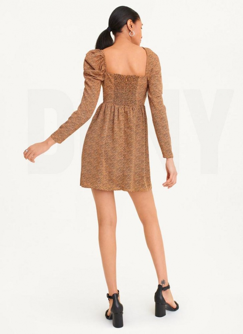 DKNY Printed V-Neck Women's Dress Brown | Ireland_D0549