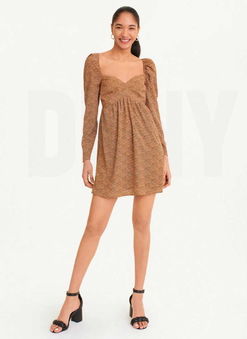 DKNY Printed V-Neck Women's Dress Brown | Ireland_D0549