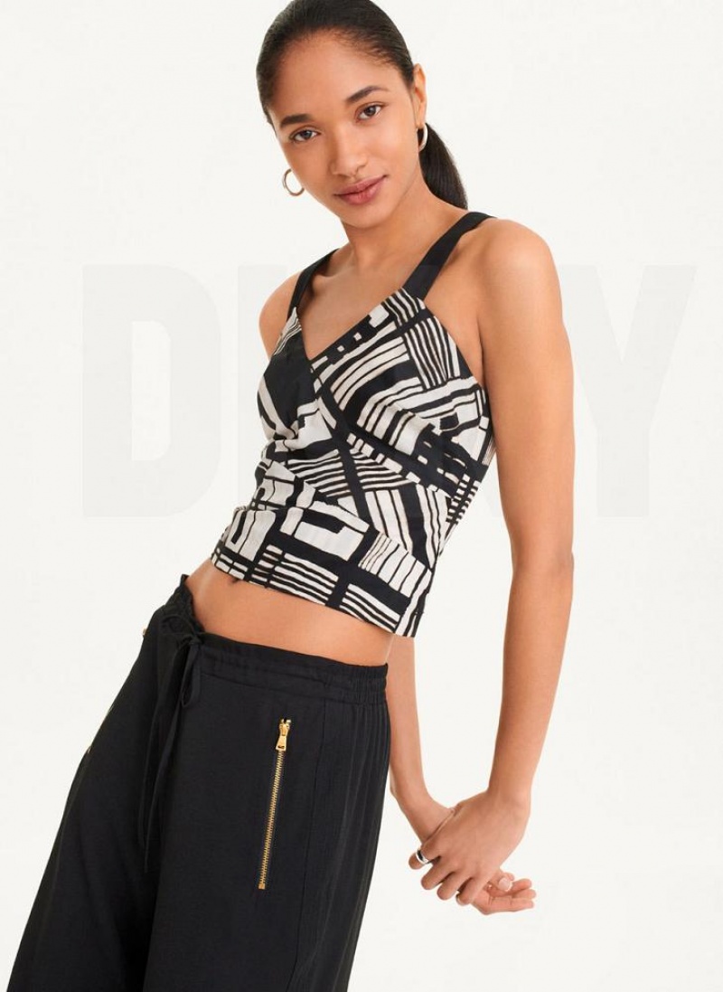 DKNY Printed Voile Crop Women's Tank Top Black Multicolor | Ireland_D1208