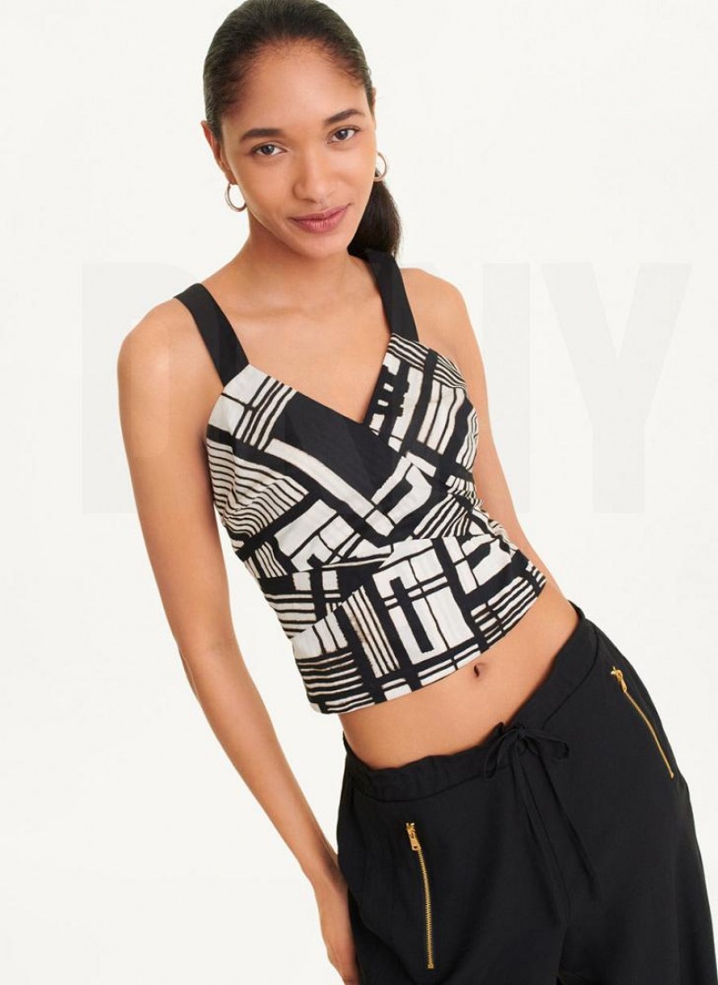 DKNY Printed Voile Crop Women\'s Tank Top Black Multicolor | Ireland_D1208