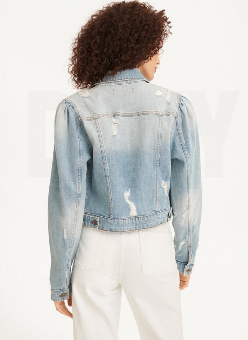 DKNY Puff Sleeve Destruction Trucker Women's Jackets Blue Wash | Ireland_D0356