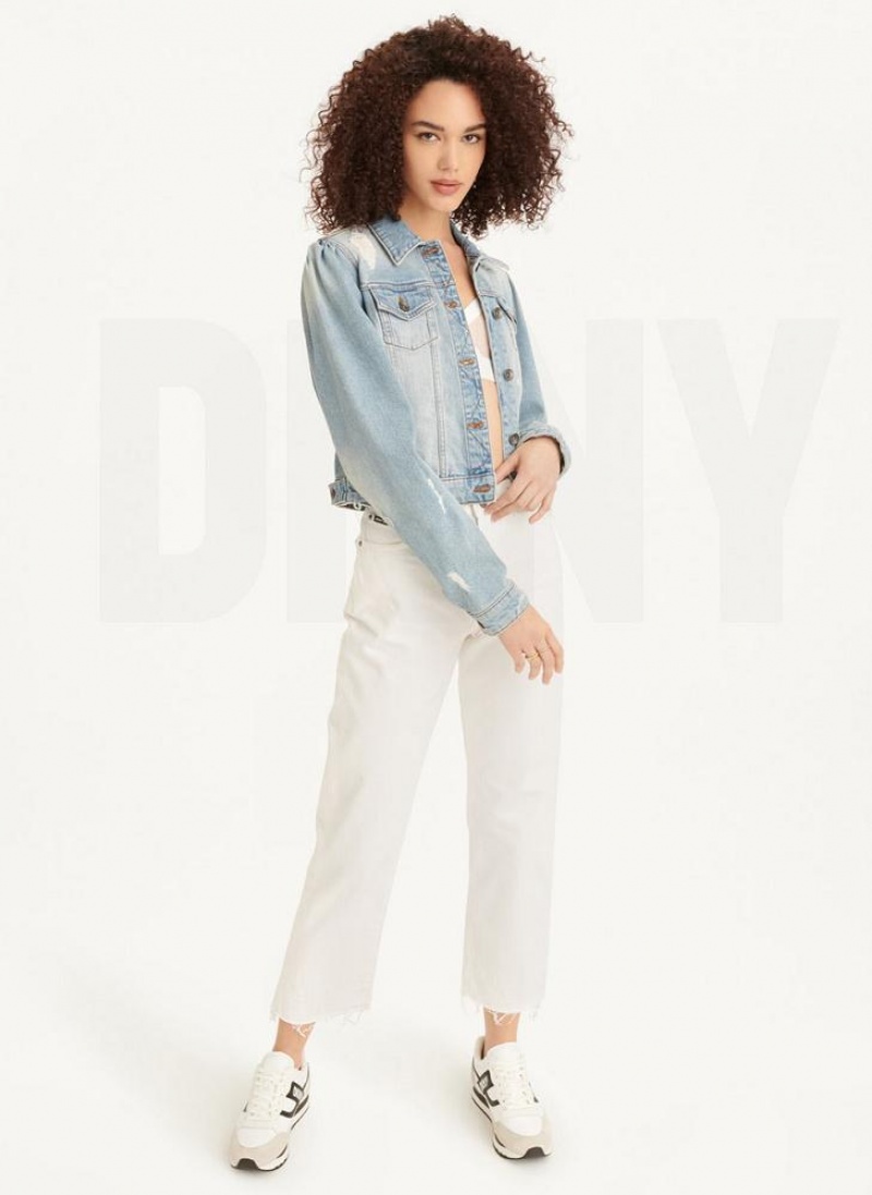 DKNY Puff Sleeve Destruction Trucker Women's Jackets Blue Wash | Ireland_D0356