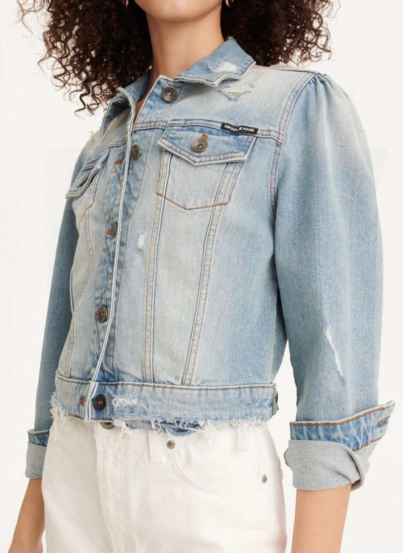 DKNY Puff Sleeve Destruction Trucker Women's Jackets Blue Wash | Ireland_D0356