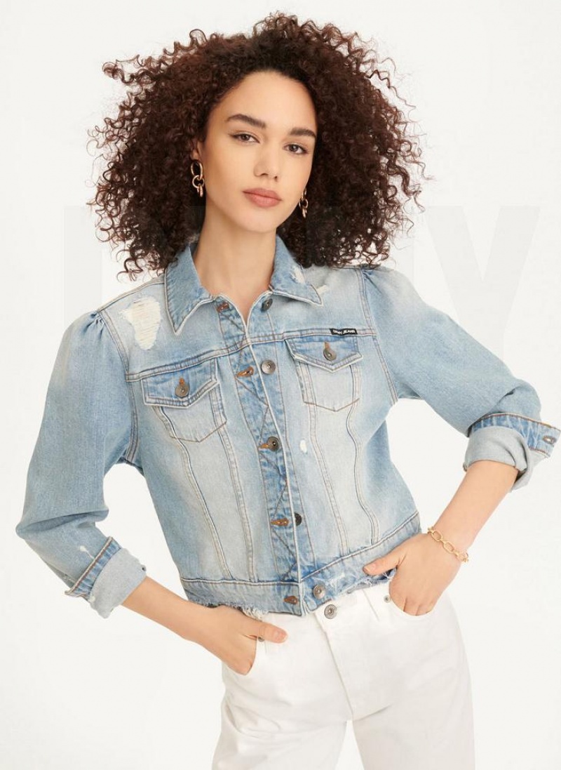 DKNY Puff Sleeve Destruction Trucker Women's Jackets Blue Wash | Ireland_D0356