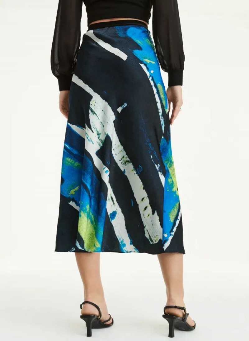 DKNY Pull On Print Satin Midi Women's Skirts Blue | Ireland_D1100