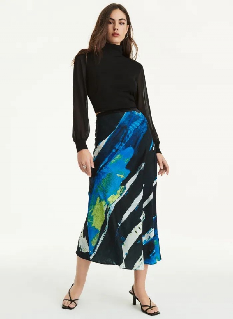 DKNY Pull On Print Satin Midi Women's Skirts Blue | Ireland_D1100