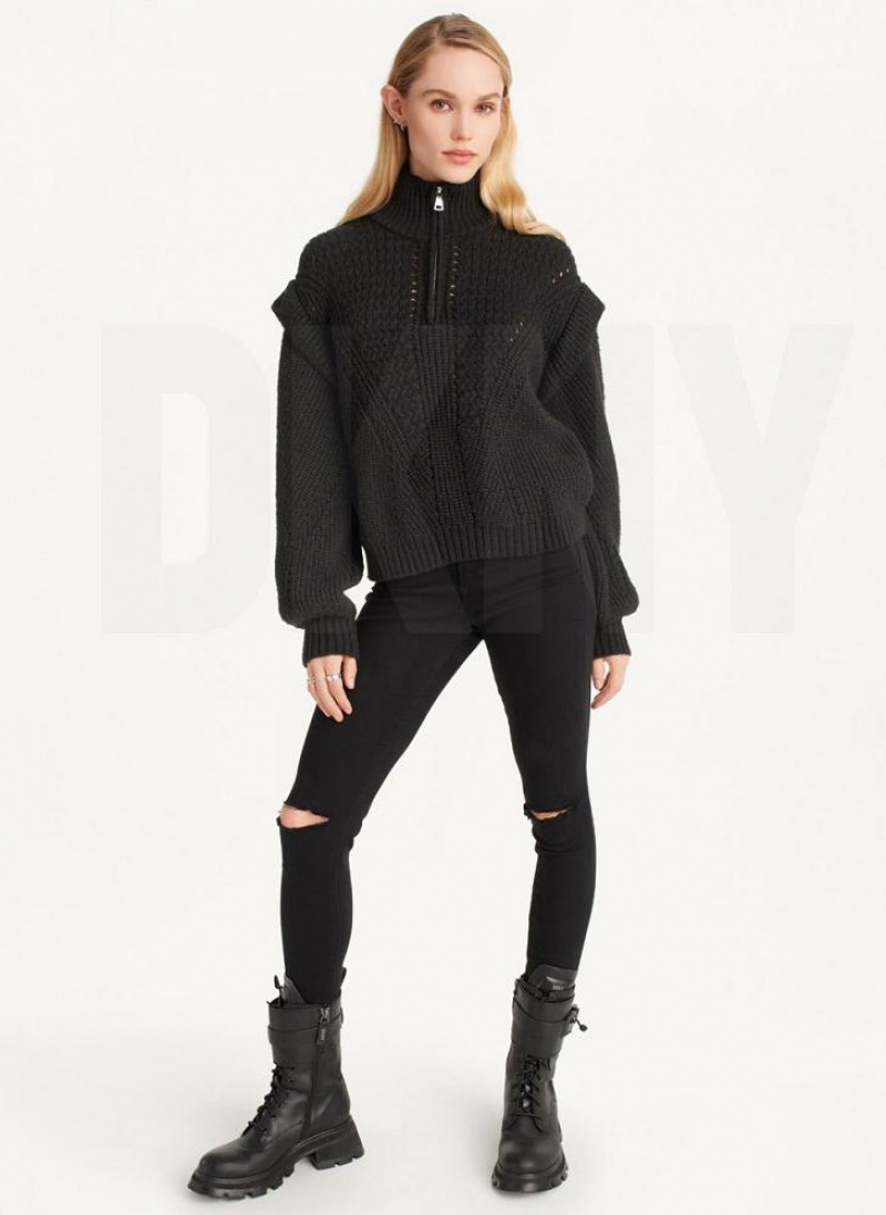 DKNY Quarter Zip Cable Knit Women's Sweaters Black | Ireland_D0431