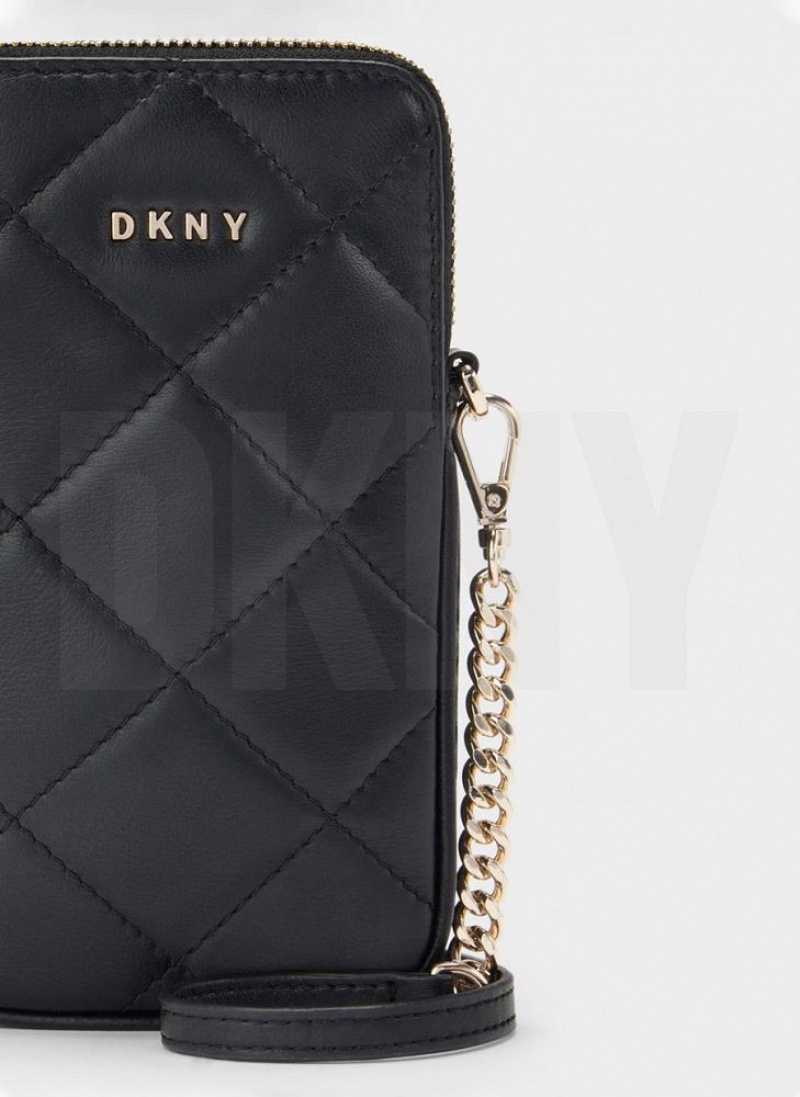 DKNY Quilted Phone Crossbody Women's Wallets Black / Gold | Ireland_D1934