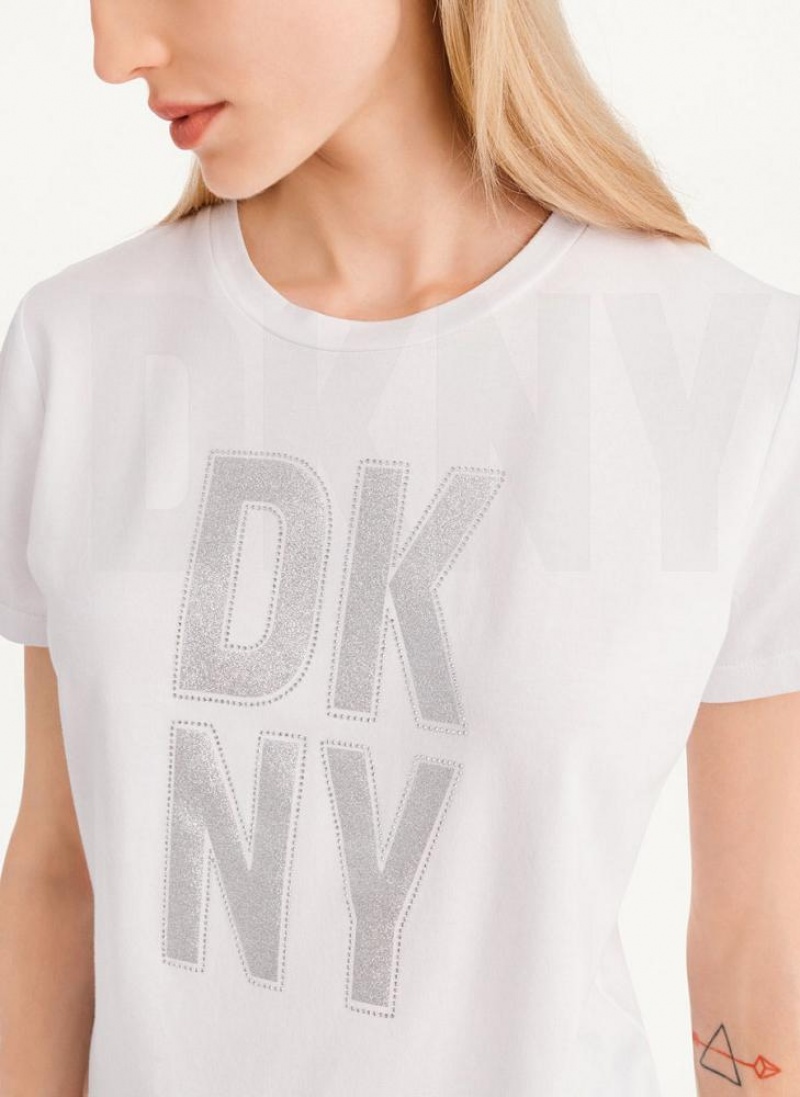 DKNY Rhinestone Glitter Logo Women's T Shirts White / Silver | Ireland_D0122