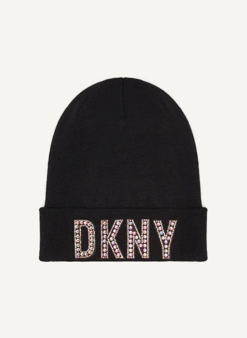 DKNY Rhinestone Patch Logo Beanie Women's Beanie Black | Ireland_D1556