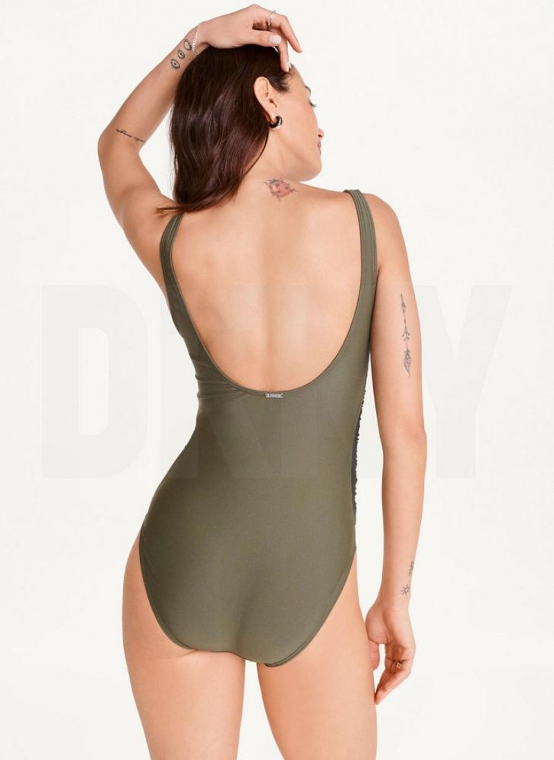 DKNY Scoop Neck One-Piece Women's Swimsuits Olive | Ireland_D1924