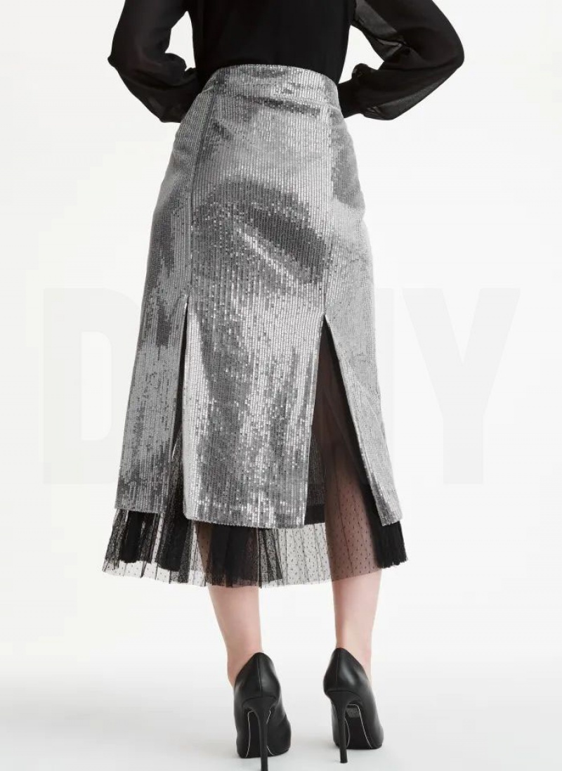 DKNY Sequin Midi With Tulle Women's Skirts Silver | Ireland_D1539