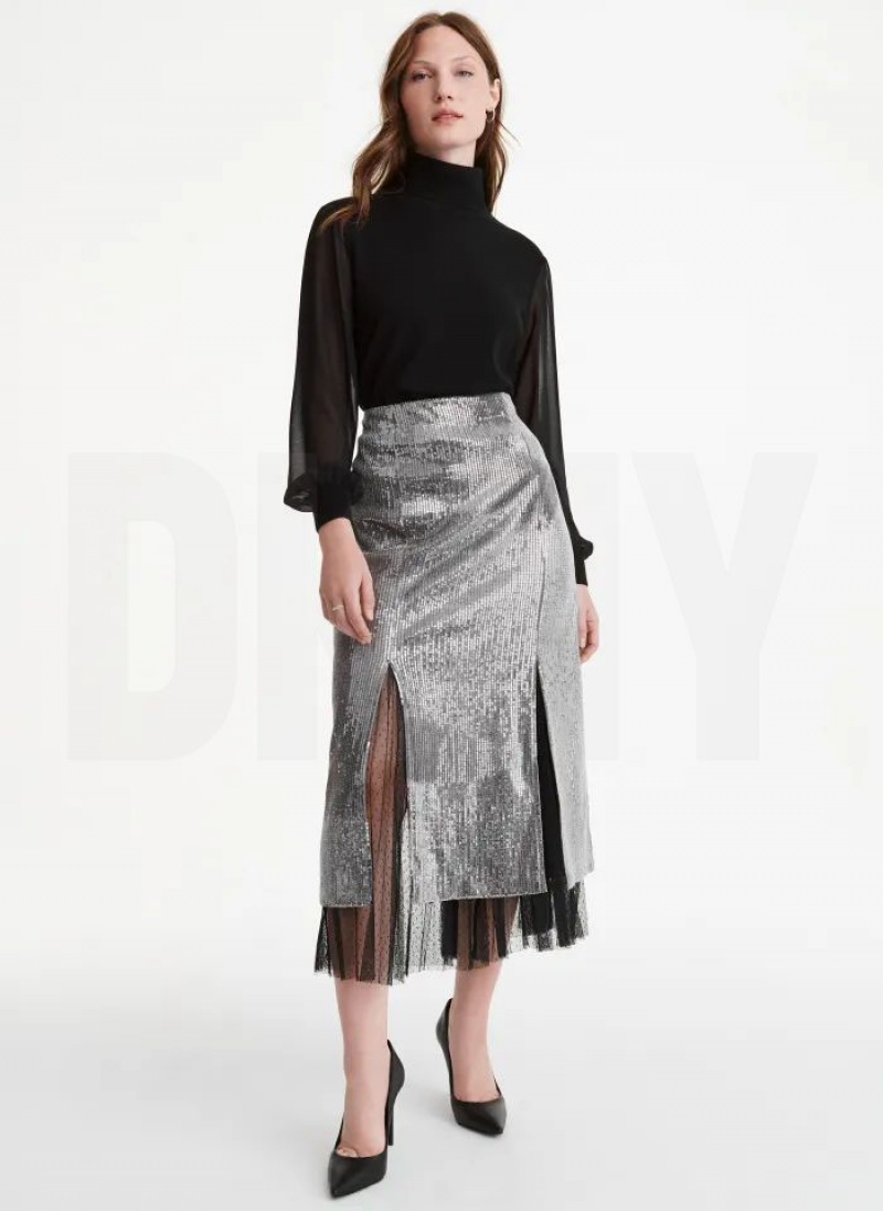 DKNY Sequin Midi With Tulle Women's Skirts Silver | Ireland_D1539