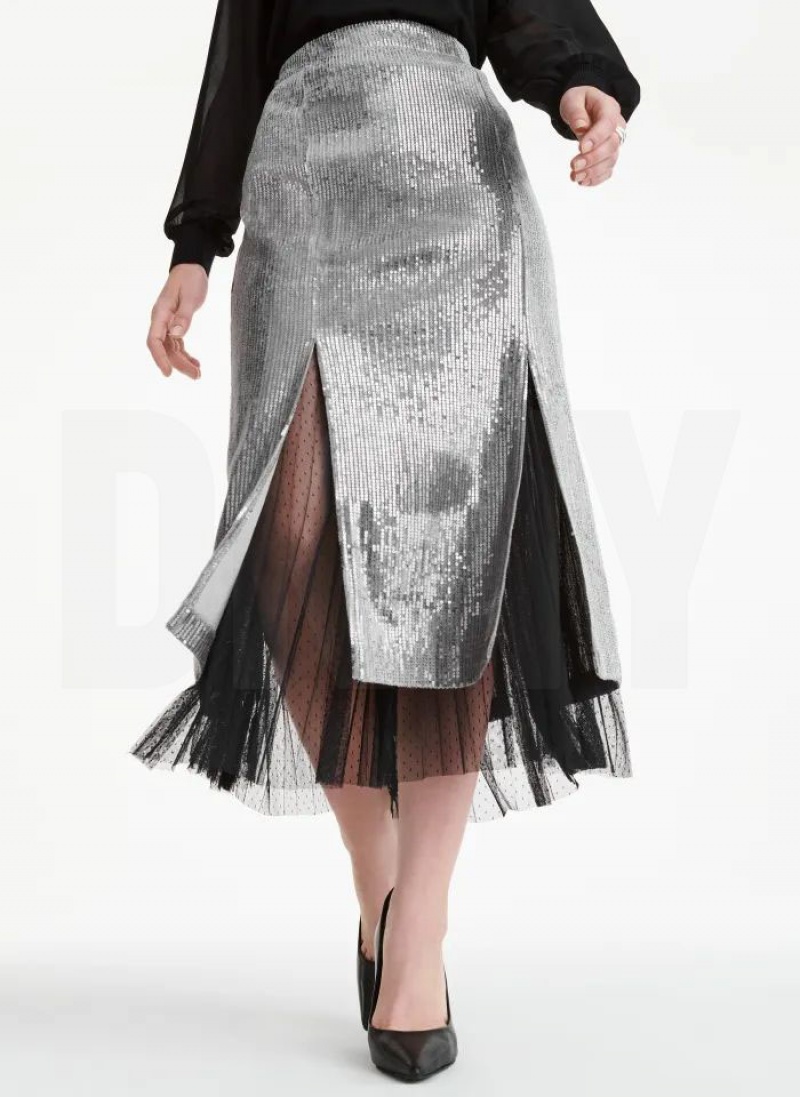 DKNY Sequin Midi With Tulle Women\'s Skirts Silver | Ireland_D1539