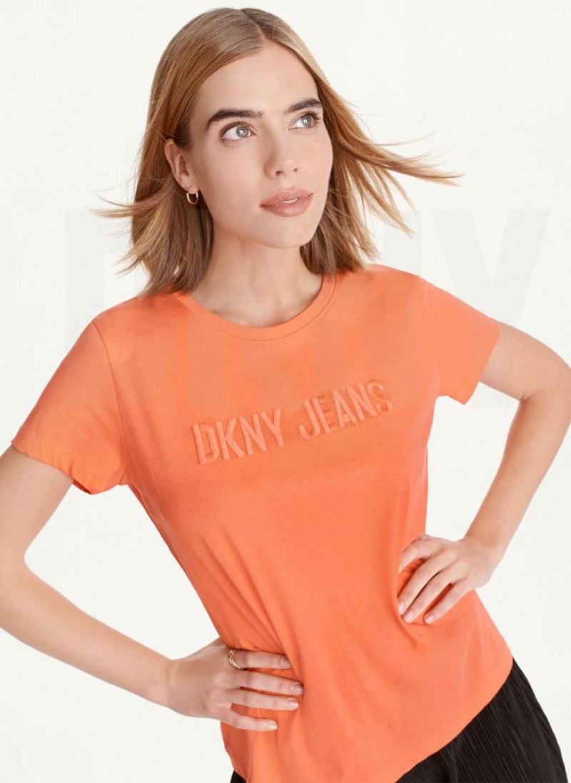 DKNY Short Sleeve Embossed Logo Women\'s T Shirts Orange | Ireland_D1851