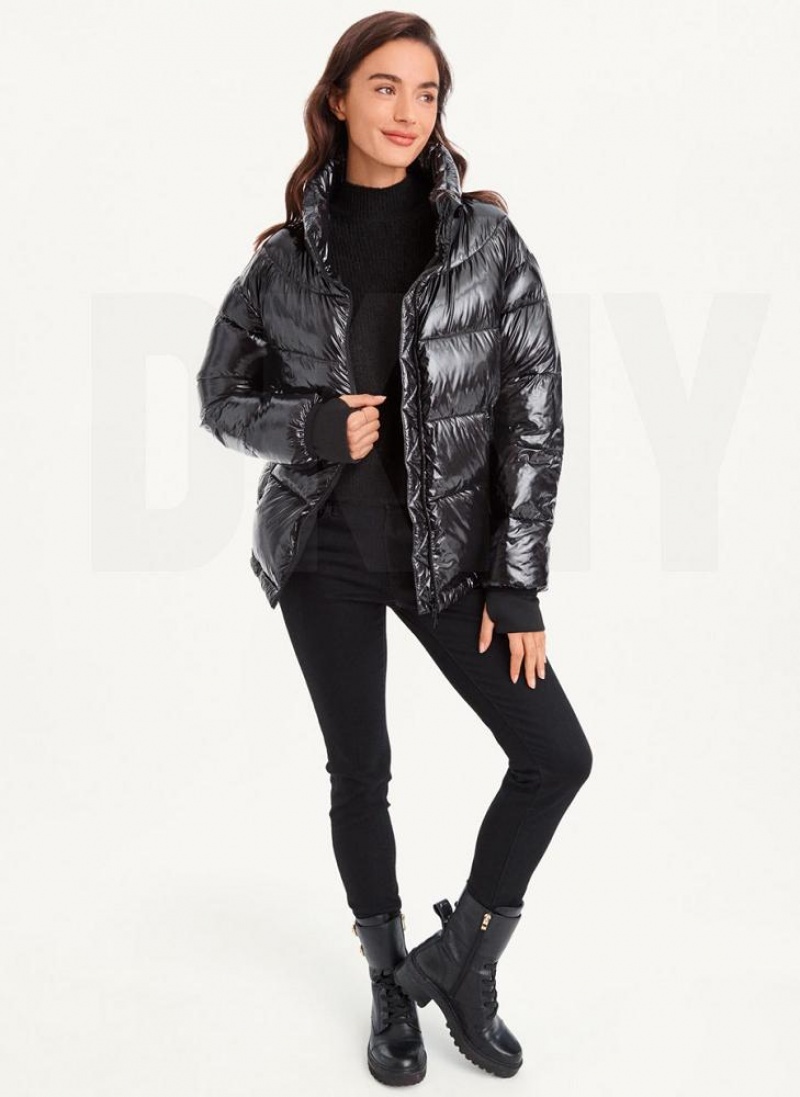 DKNY Short Wet Puffer Women's Coats Black | Ireland_D1634