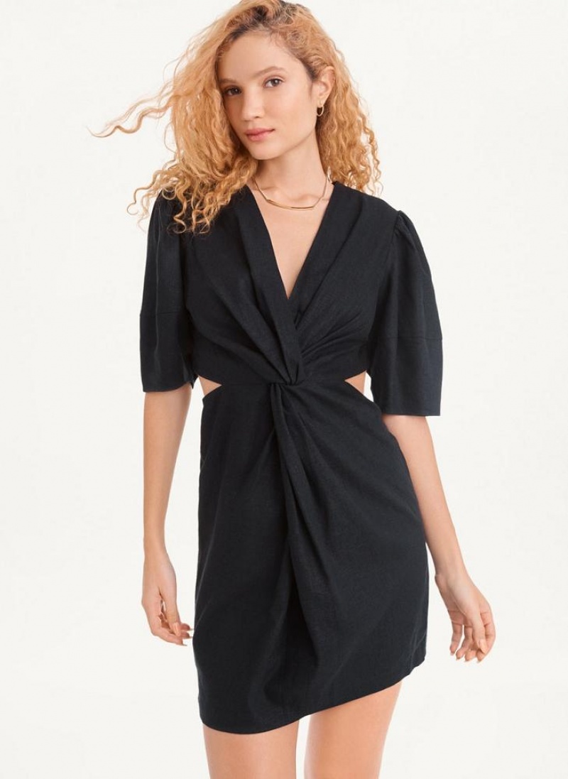 DKNY Side Cut Linen Mini Women\'s Dress Black | Ireland_D0454