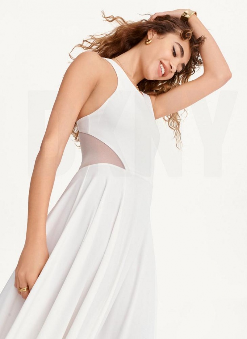 DKNY Side Slit Mesh Detail Maxi Women's Dress White | Ireland_D0983