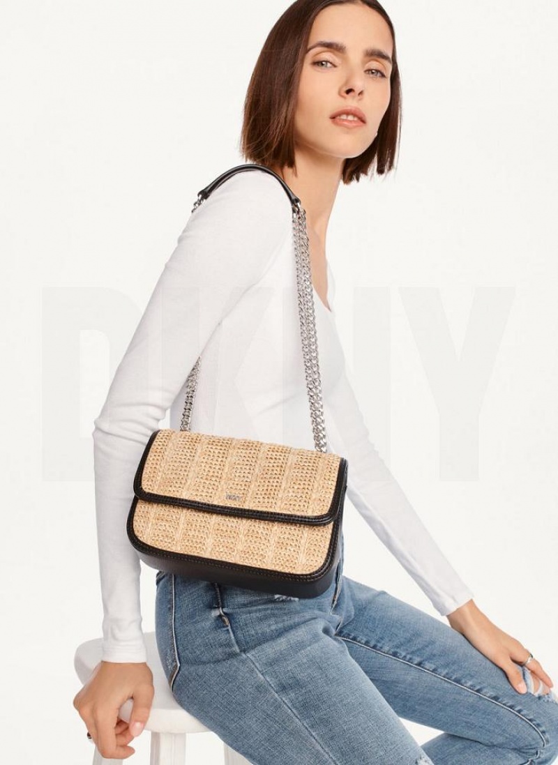 DKNY Sina Basketweave Flap Women's Shoulder Bags Beige / Black | Ireland_D0937