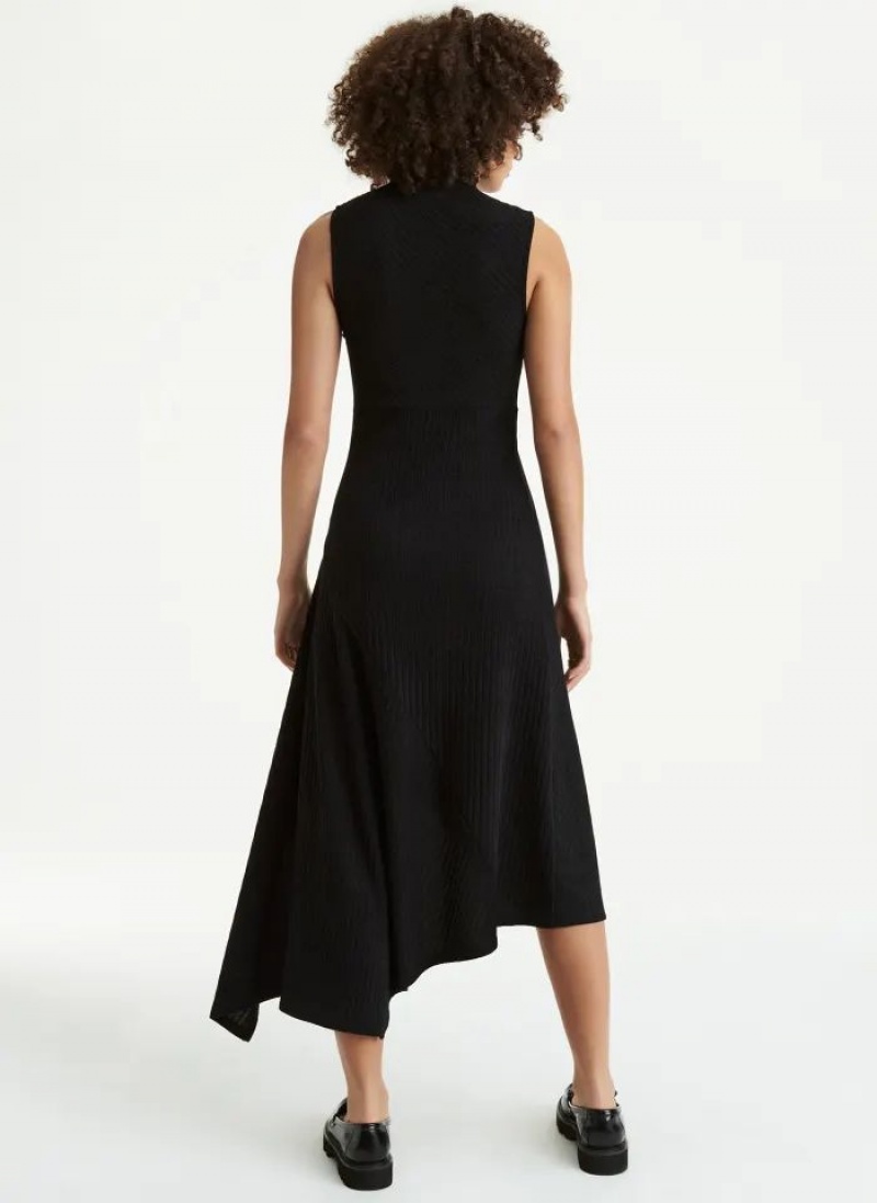 DKNY Sleeveless Asymmetrical Rib Hacci Midi Women's Dress Black | Ireland_D1073