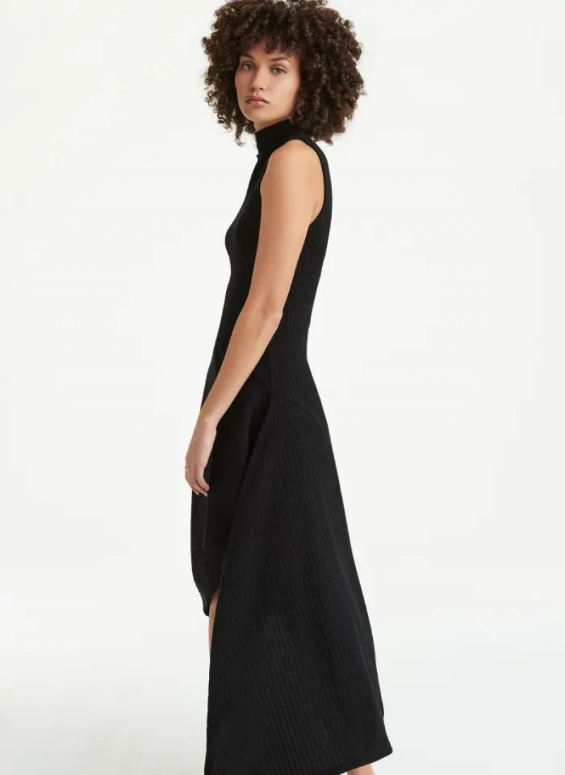 DKNY Sleeveless Asymmetrical Rib Hacci Midi Women's Dress Black | Ireland_D1073