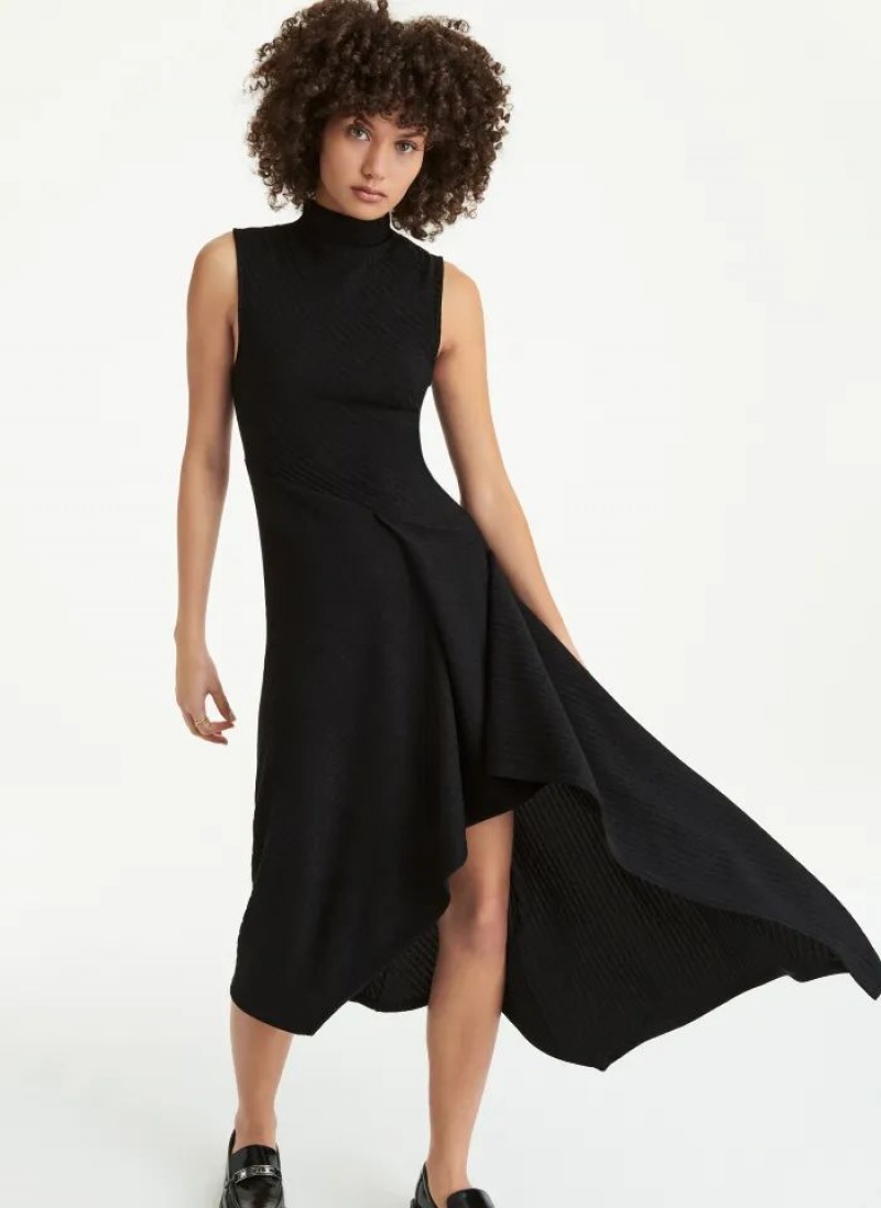 DKNY Sleeveless Asymmetrical Rib Hacci Midi Women's Dress Black | Ireland_D1073