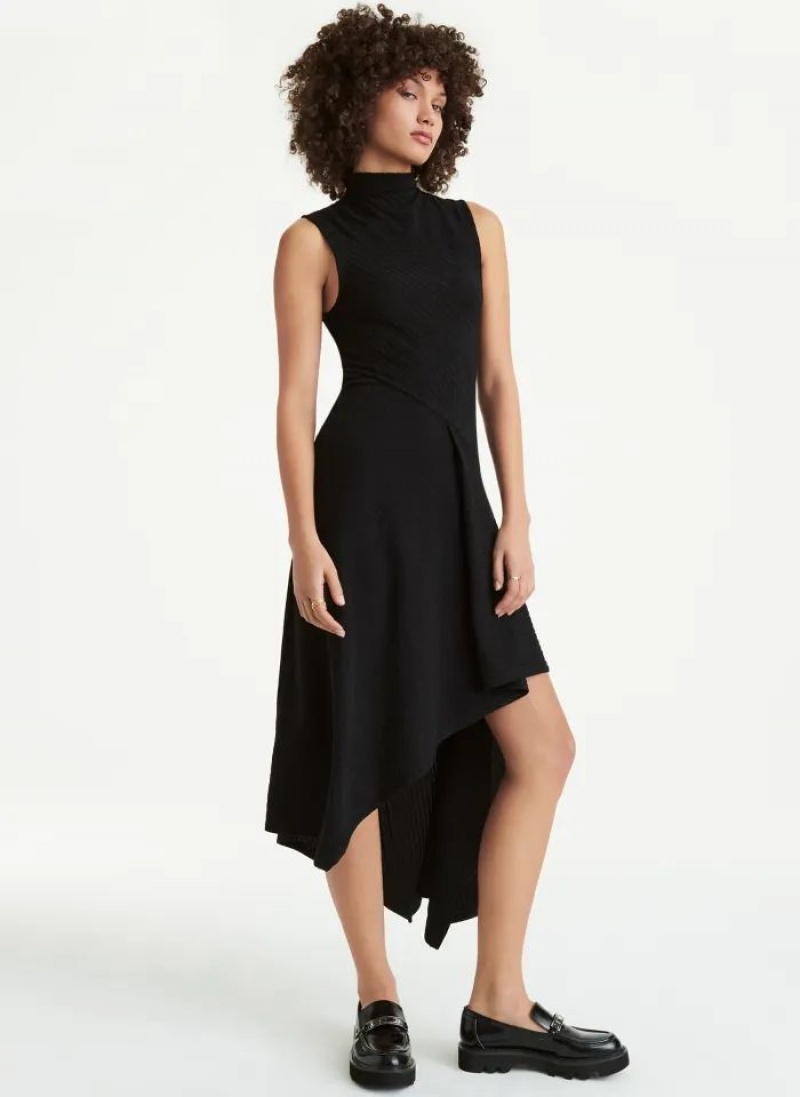 DKNY Sleeveless Asymmetrical Rib Hacci Midi Women\'s Dress Black | Ireland_D1073