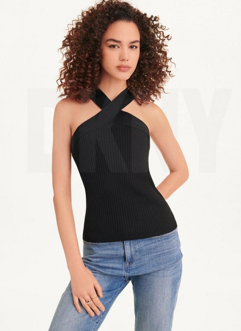 DKNY Sleeveless Crossover Women\'s Sweaters Black | Ireland_D1447