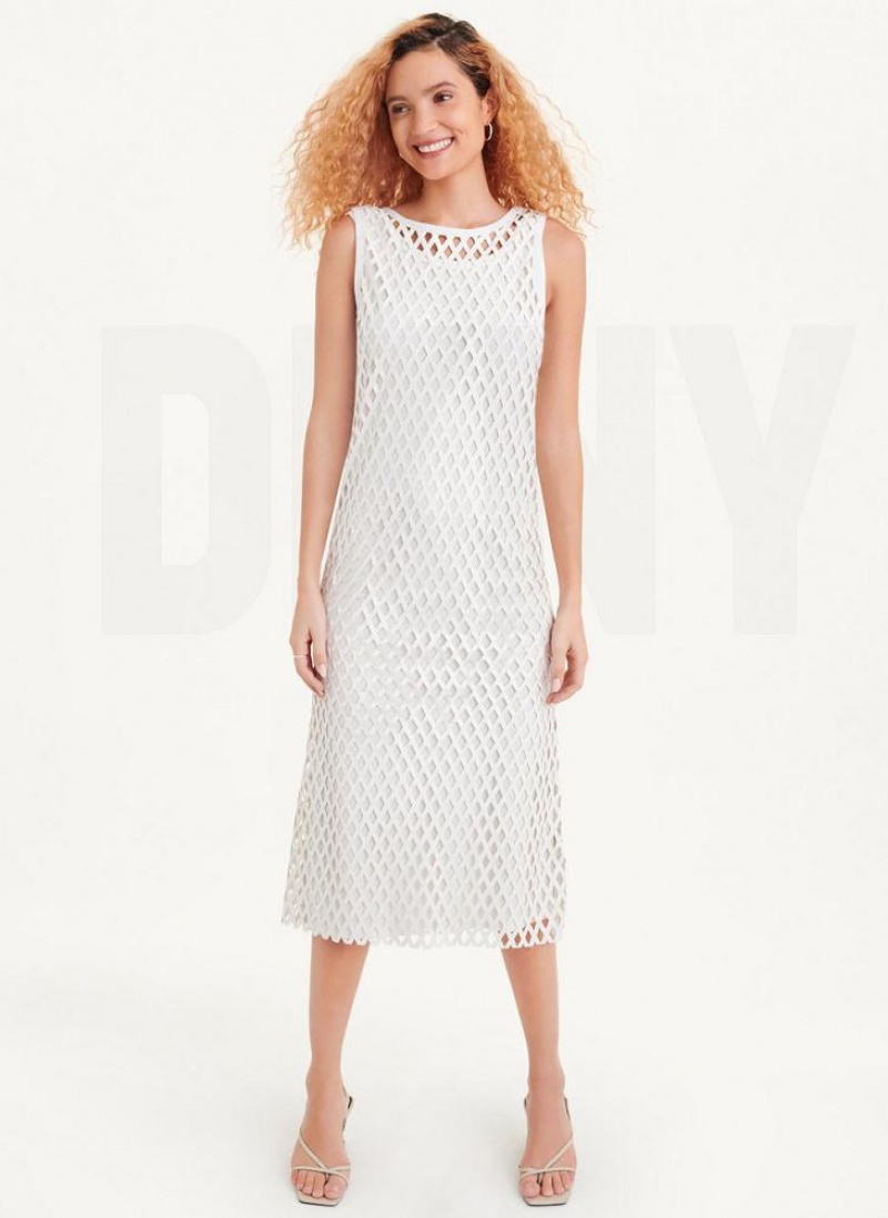 DKNY Sleeveless Perforated A-Line Women's Dress White | Ireland_D1569