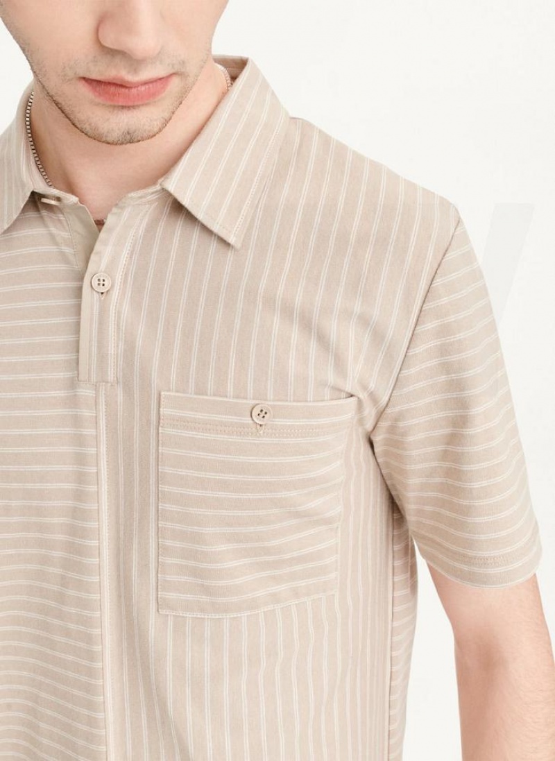 DKNY Slub Jersey Stripe Polo Men's T Shirts Khaki | Ireland_D1268