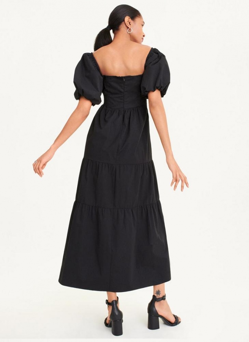 DKNY Square Neck Tiered Poplin Women's Dress Black | Ireland_D0273