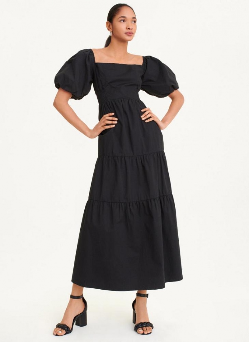 DKNY Square Neck Tiered Poplin Women's Dress Black | Ireland_D0273